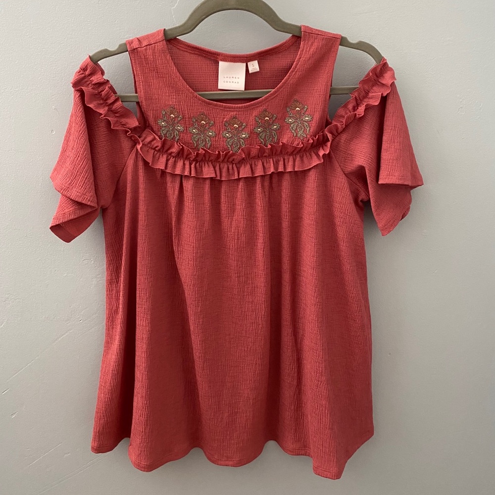 Coral Off-Shoulder Ruffle Top